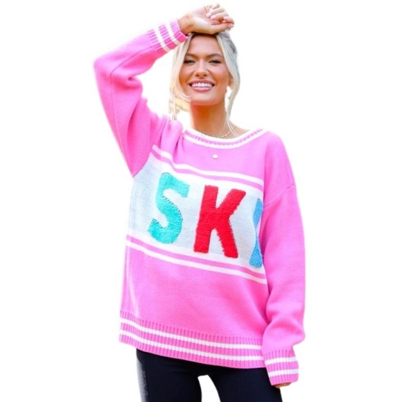 Pink Ski Sweater Pullover Knit Crewneck Striped Long Sleeve Winter Fun Small NWT - Picture 1 of 3